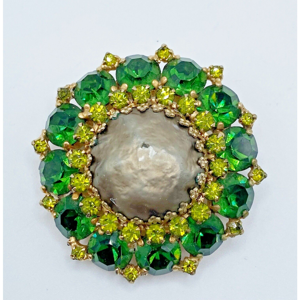 Vintage Weiss Green Rhinestone Faux Mabe Baroque Pearl Gold Tone Brooch FLAW